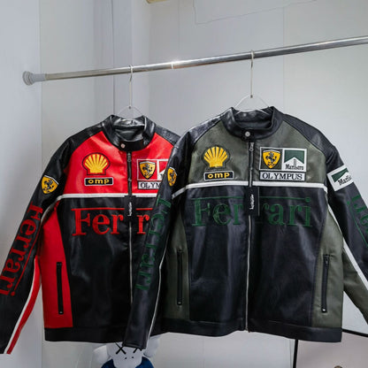 VINTAGE FERRARI F1 LEATHER JACKET DARK GREEN