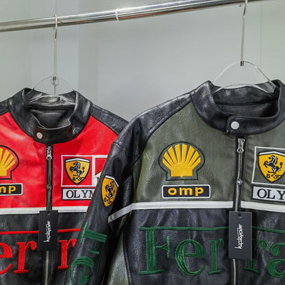 VINTAGE FERRARI F1 LEATHER JACKET DARK GREEN