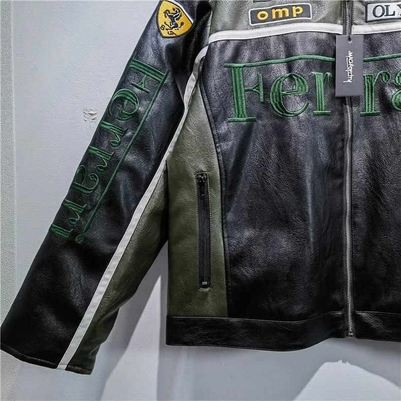 VINTAGE FERRARI F1 LEATHER JACKET DARK GREEN