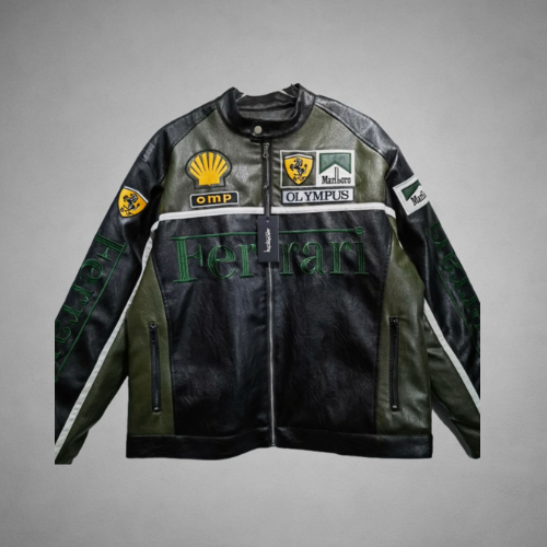 VINTAGE FERRARI F1 LEATHER JACKET DARK GREEN